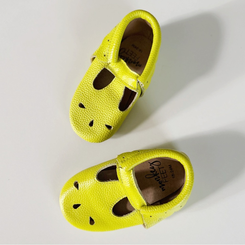 Yellow lime leather Monkey Feet baby shoes, size 18-24 months
